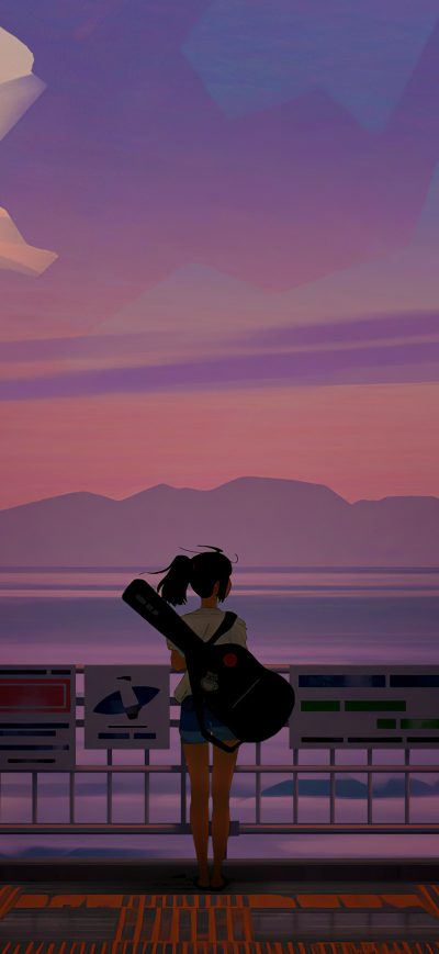 Fond d'écran iPhone Anime Girl With Guitar Watching The Sunset 4k
