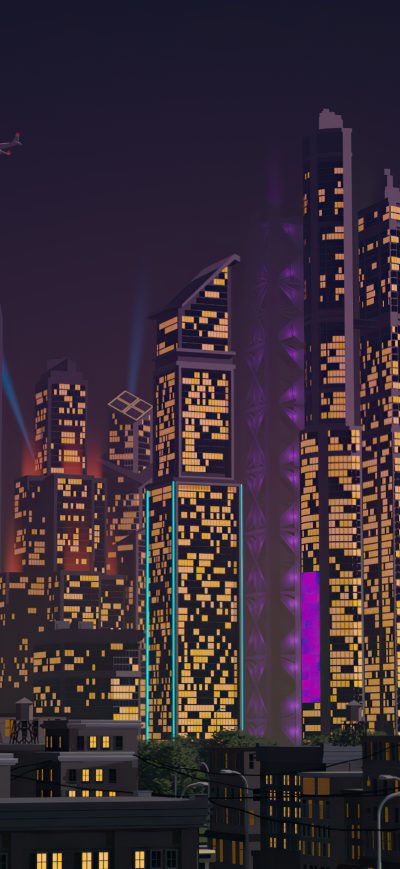 Fond d'écran iPhone City Buildings Retrowave 4k