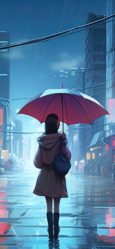 Fond d'écran iPhone Anime Girl Walking In Rain Umbrella 5k