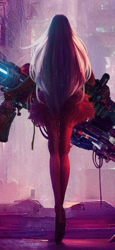 Fond d'écran iPhone Cyberpunk Girl With Big Gun In Scifi World