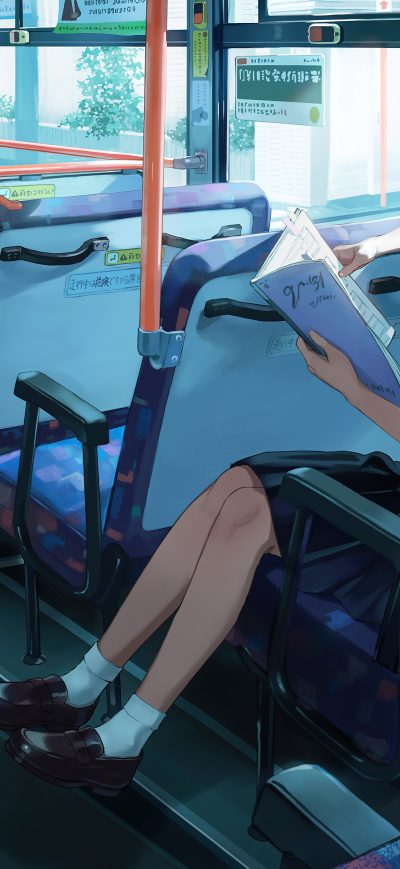 Fond d'écran iPhone Anime School Girl Bus Reading Book 5k