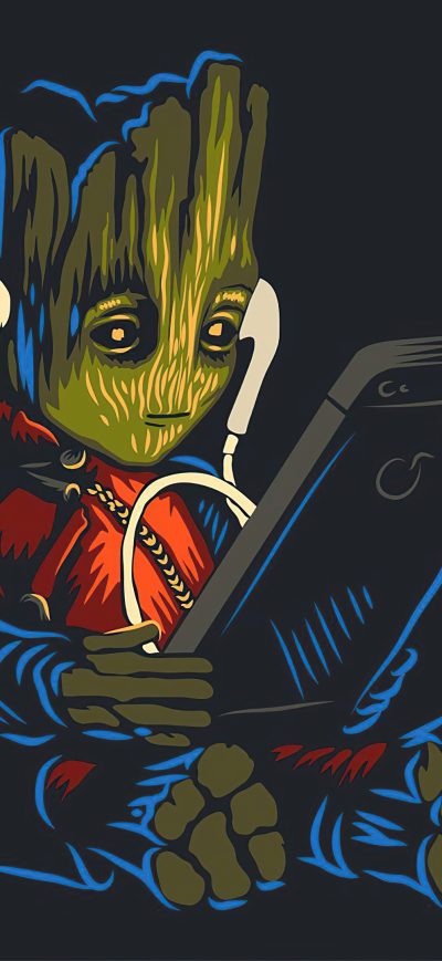 Fond d'écran iPhone Baby Groot Listening To Music While Using Phone