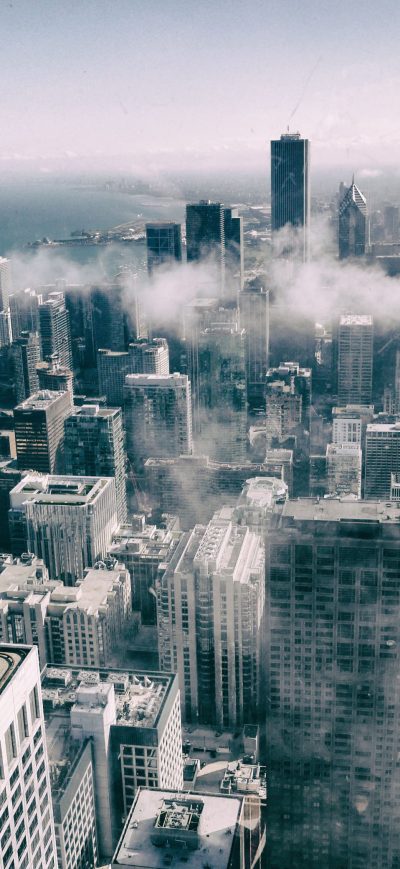 Fond d'écran iPhone Aerial View Of Buildings Smoke Fog Monochrome