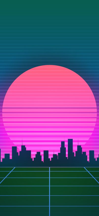 Fond d'écran iPhone Retrowave City Sunset Grid 4k