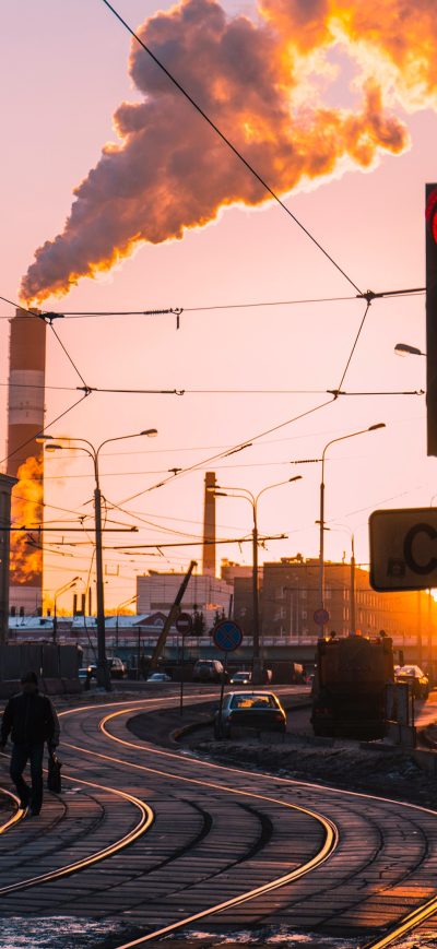 Fond d'écran iPhone Morning City Traffic Lights Smoke Train Industry Chimney