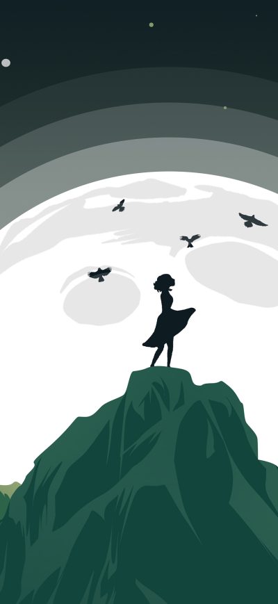 Fond d'écran iPhone Girl Mountain Top Birds Flying Around Her Minimalist