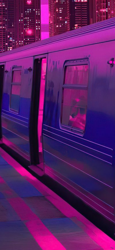 Fond d'écran iPhone Train Neon Synthwave Buildings 5k