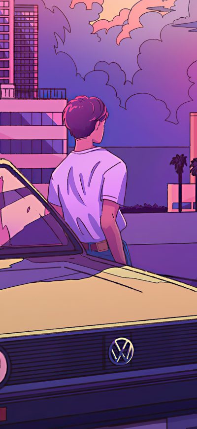 Fond d'écran iPhone Los Angles Volkswagen Retrowave 4k