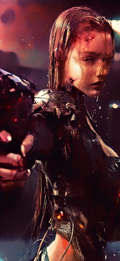 Fond d'écran iPhone Warrior Girl Cyberpunk Futuristic Artwork