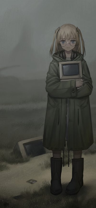 Fond d'écran iPhone Anime Girl With Old Computer Desktop Walking 5k