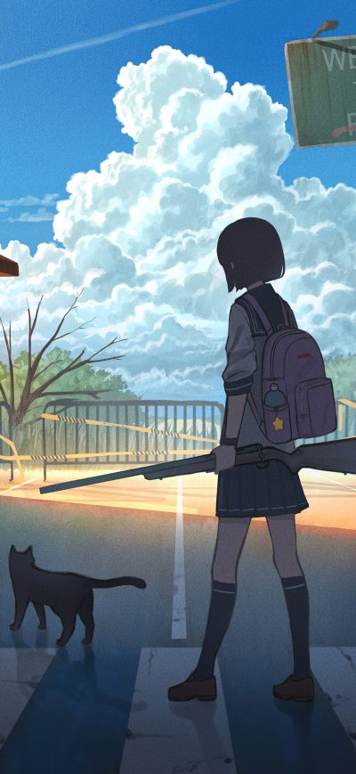 Fond d'écran iPhone High School Anime Girl With Gun 5k
