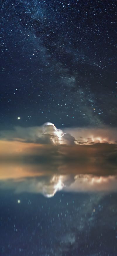 Fond d'écran iPhone Lake Mirror Reflection Stars Boat Milky Way 5k