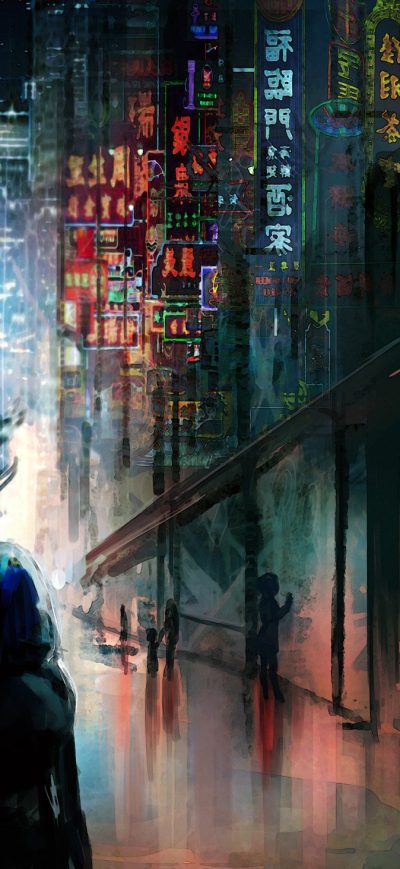 Fond d'écran iPhone Anime Cyberpunk Scifi City Lights Night Buildings Futuristic