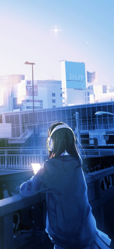 Fond d'écran iPhone Balcony Traffic Lights Anime Girl Long Hair 5k