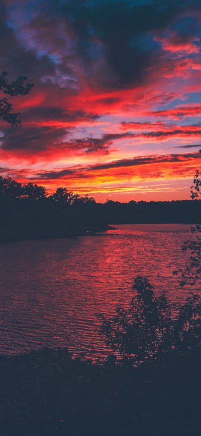 Fond d'écran iPhone Red Evening Sunset Lake View From Forest Woods