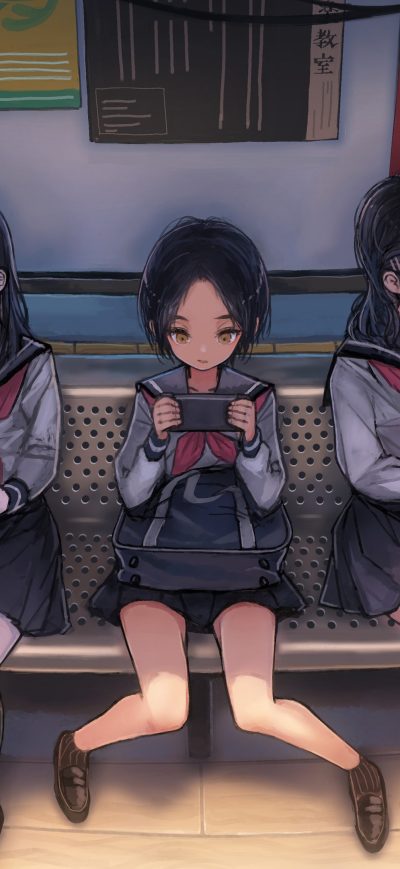 Fond d'écran iPhone Anime Schoool Girls On Phones Waiting For Bus 4k