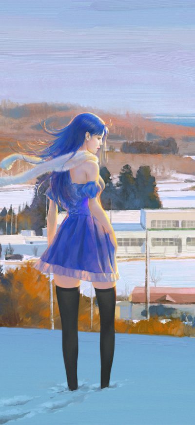 Fond d'écran iPhone Anime Girl Blue Dress In Snow 4k