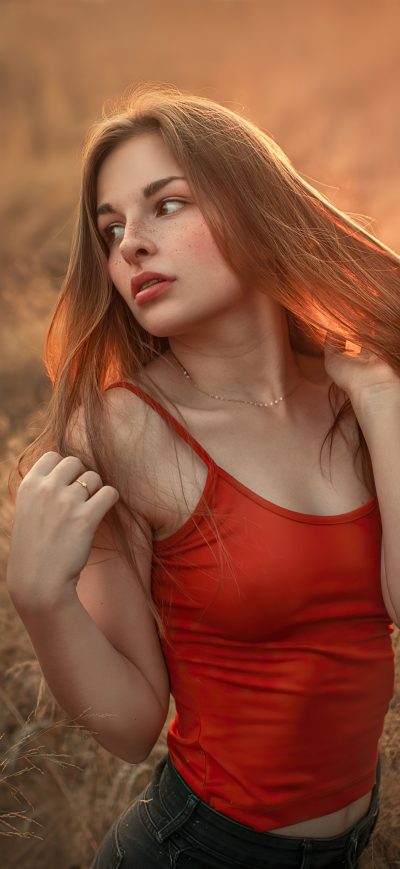 Fond d'écran iPhone Girl Red Top Blonde Hair 4k