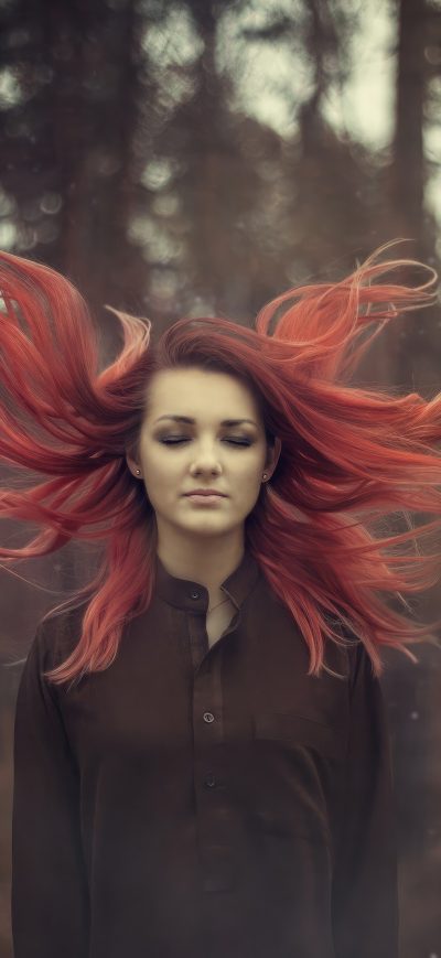 Fond d'écran iPhone Red Dyed Hair Girl Flying Closed Eyes