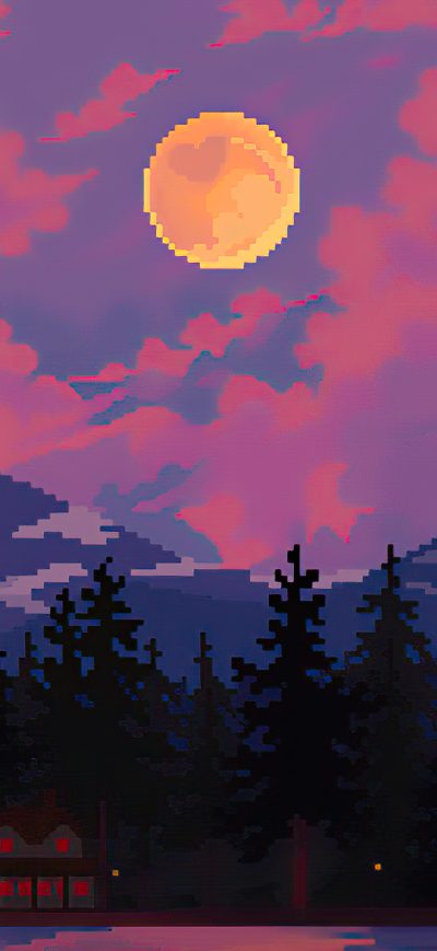 Fond d'écran iPhone 8 Bit Houses Trees Mountains Sun 4k