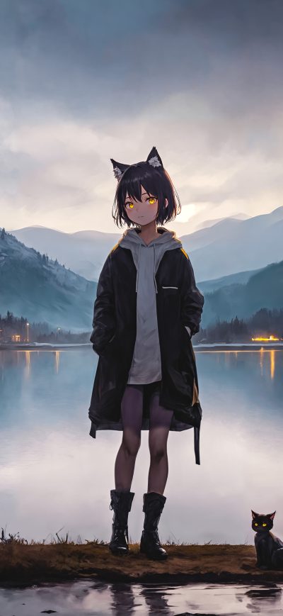 Fond d'écran iPhone Cat Girl Lake Trees White Hoodie Mountains 10k