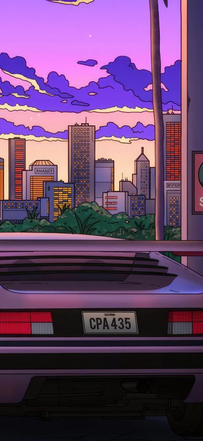 Fond d'écran iPhone Retro Car Gas Station Synthwave 5k