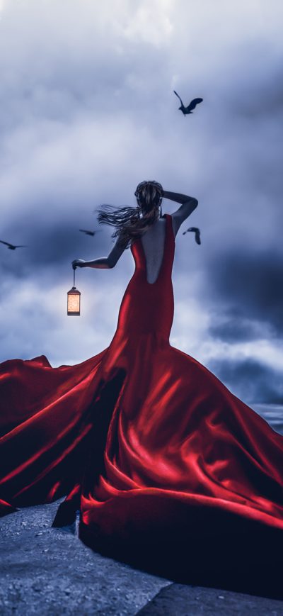 Fond d'écran iPhone Lost In Night Girl Red Dress With Lantern
