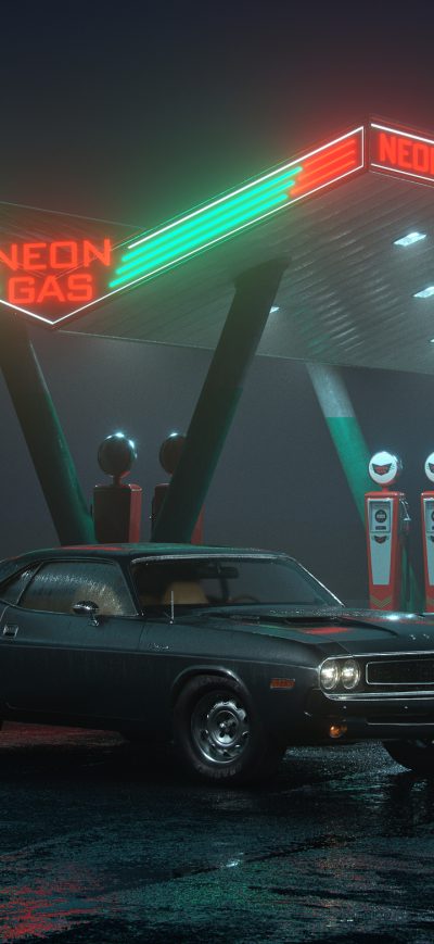 Fond d'écran iPhone Dodge Challenger RT At Neon Gas Station