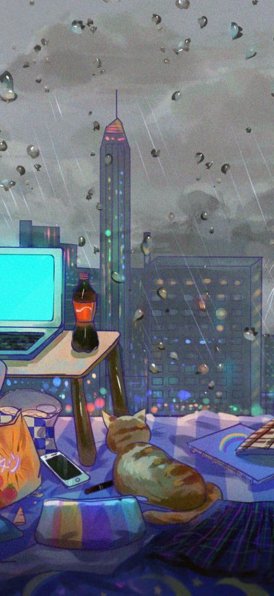 Fond d'écran iPhone Anime Girl Room City Cat