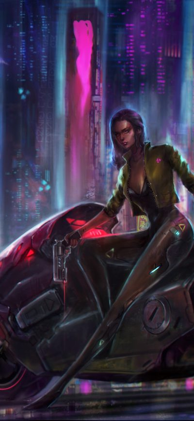 Fond d'écran iPhone Cyberpunk Girl Biker 4k 2020