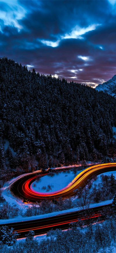 Fond d'écran iPhone Long Exposure Lights Road Forest Snow 5k