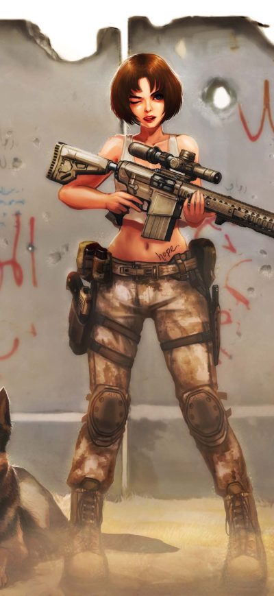 Fond d'écran iPhone Short Hair Anime Girl Wtih M110 Gun Along Dog 4k