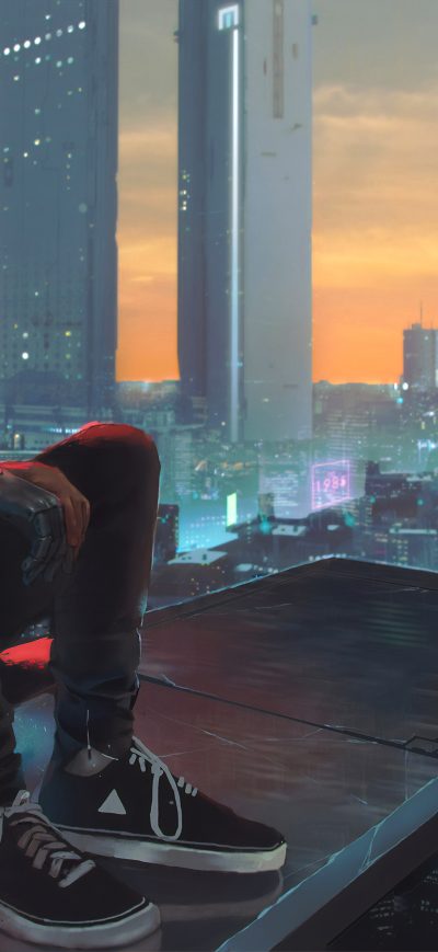 Fond d'écran iPhone Cyber City Alone Skater 4k