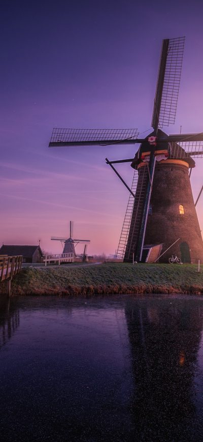 Fond d'écran iPhone Windmill Building Sunrise Field Reflections