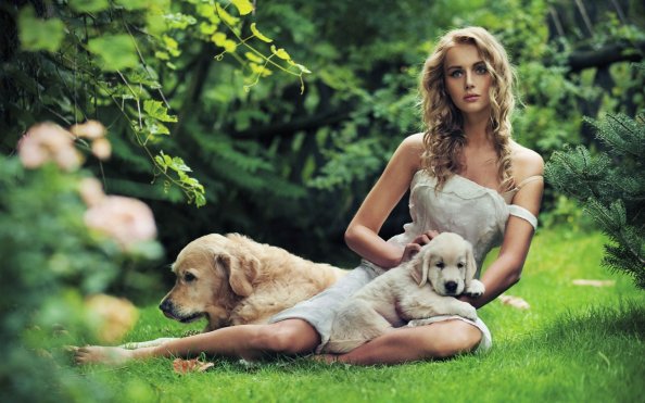 Girl Outside With Cute Puppies