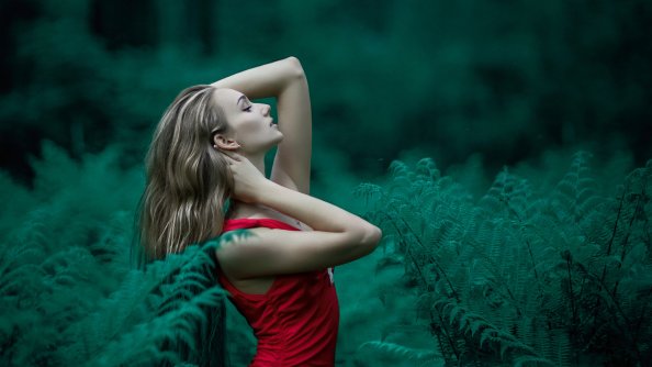Red Dress Girl In Forest