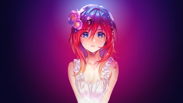 Anime Girl Water Drops Red Head Blue Eyes