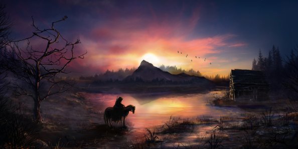 Warrior Horse Birds Flying Sunrise Landscape View