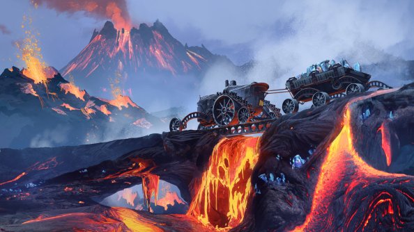 Scifi Steampunk Mountain Vehicle Mining Lava
