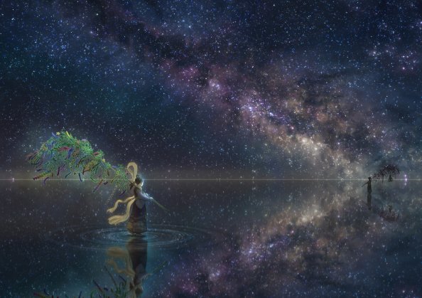 Anime Girl Horizon Night Reflection Stars