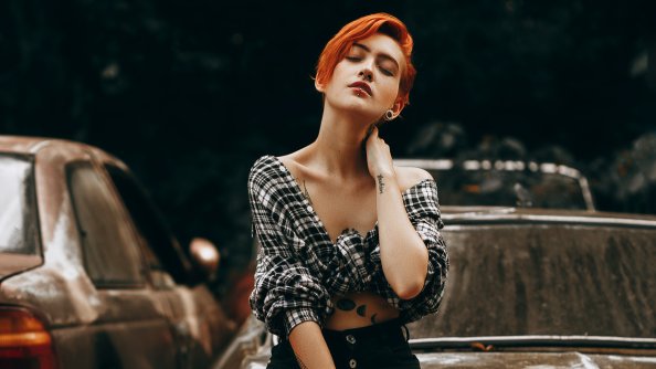 Red Head Girl Sitting On A Vintage Car 4k