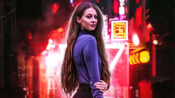 Red City Neon Girl 4k