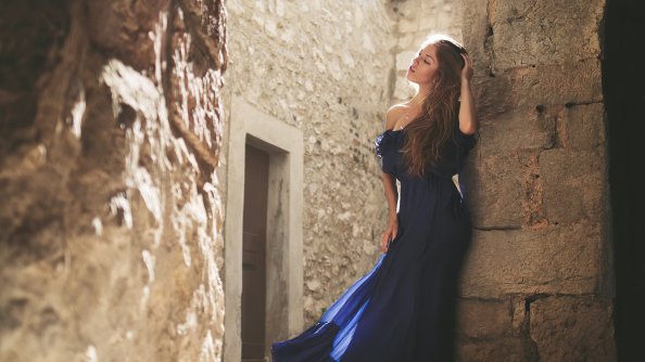 Girl Blue Dress Hands In Hair 4k