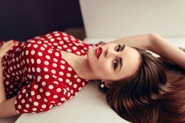 Girl Poka Dot Dress Lying