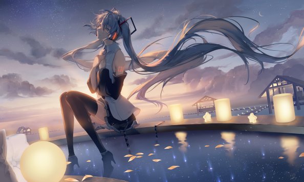 Hatsune Miku Anime Girl Headphones Looking Away Sunset