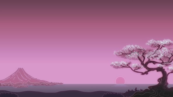 Japenese Mountains Sunset Trees Artwork