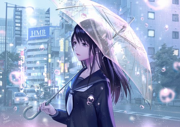 Anime Girl Rain Water Drops Umbrella