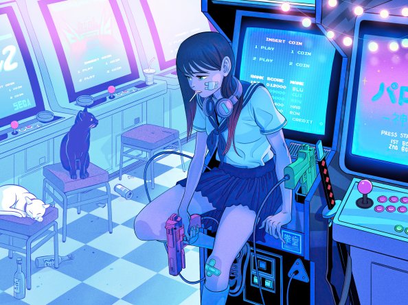 Playing Again Anime Girl Retro Gaming