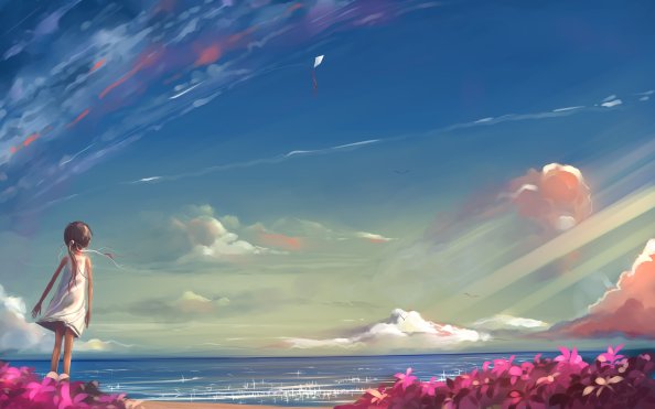 Little Girl Looking At Kite Artwork Landscape 4k