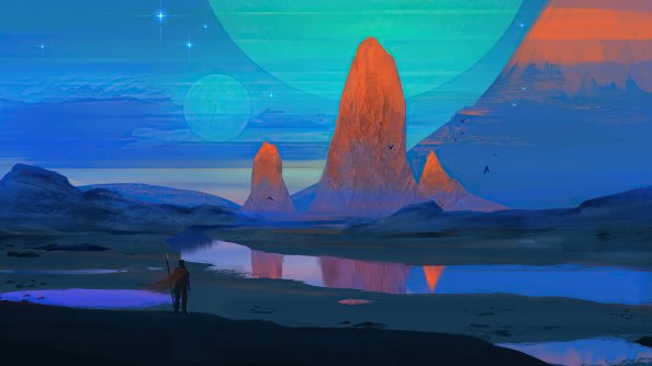 Person Looking At River Rocks Scifi Planets 4k